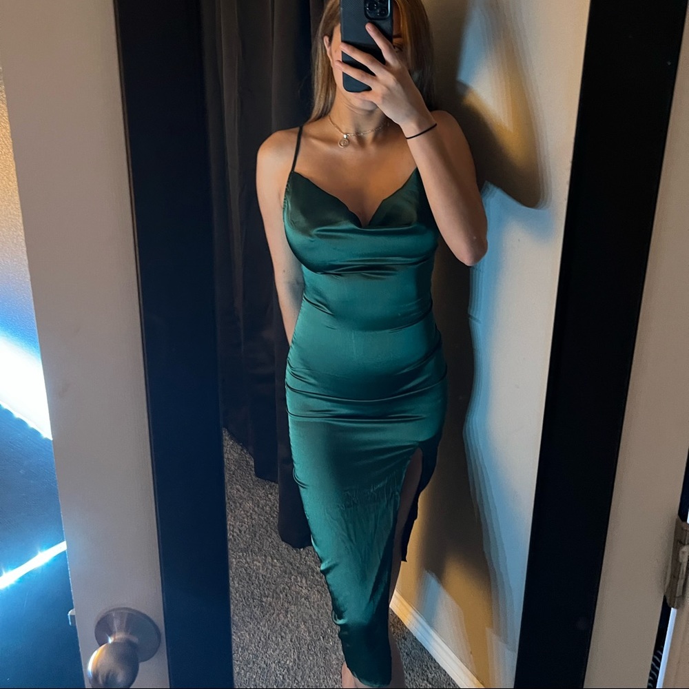 Pretty little thing mid-olive satin dress
